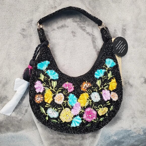 Studio12 Handbags - Made In India Floral Beaded Embellished Shoulder Bag Black Multi NWT Viral Boho
